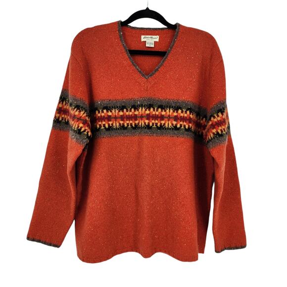 Vintage Eddie Bauer V-Neck Lambswool Fair isle Orange Pullover Sweater Size XL - Picture 1 of 6